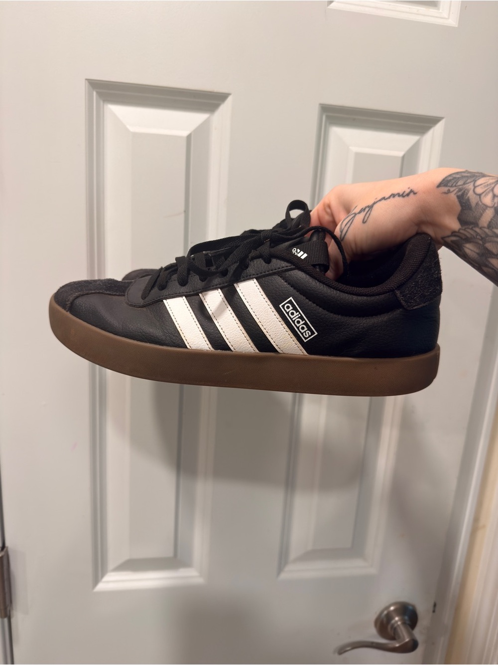 adidas Black Sneakers with White Stripes and Gum Sole